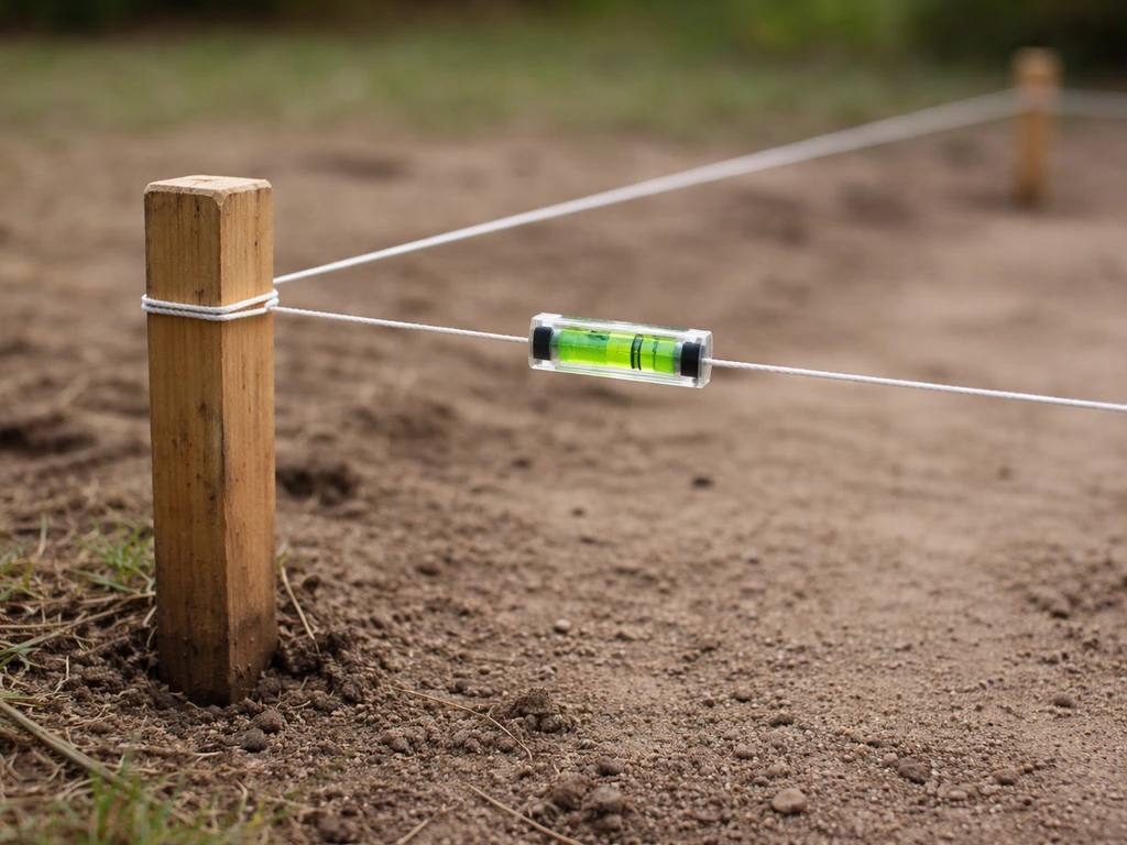 Close-up of patio layout stakes with taut string lines and a small line level showing levelness.
