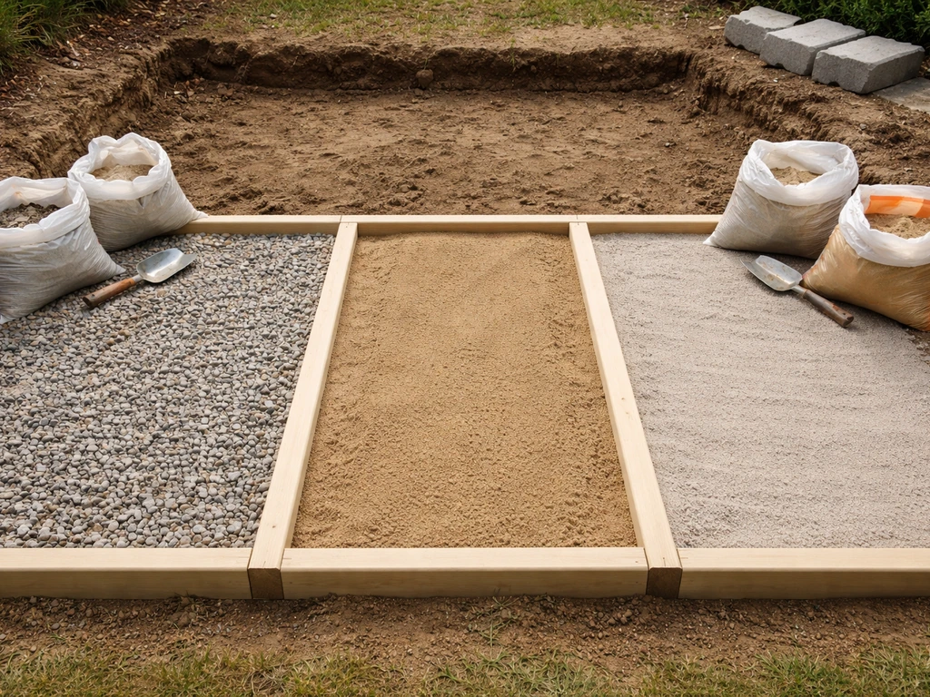 Minimal comparison of patio base materials: gravel, bedding sand, and paver base layers with tools nearby.