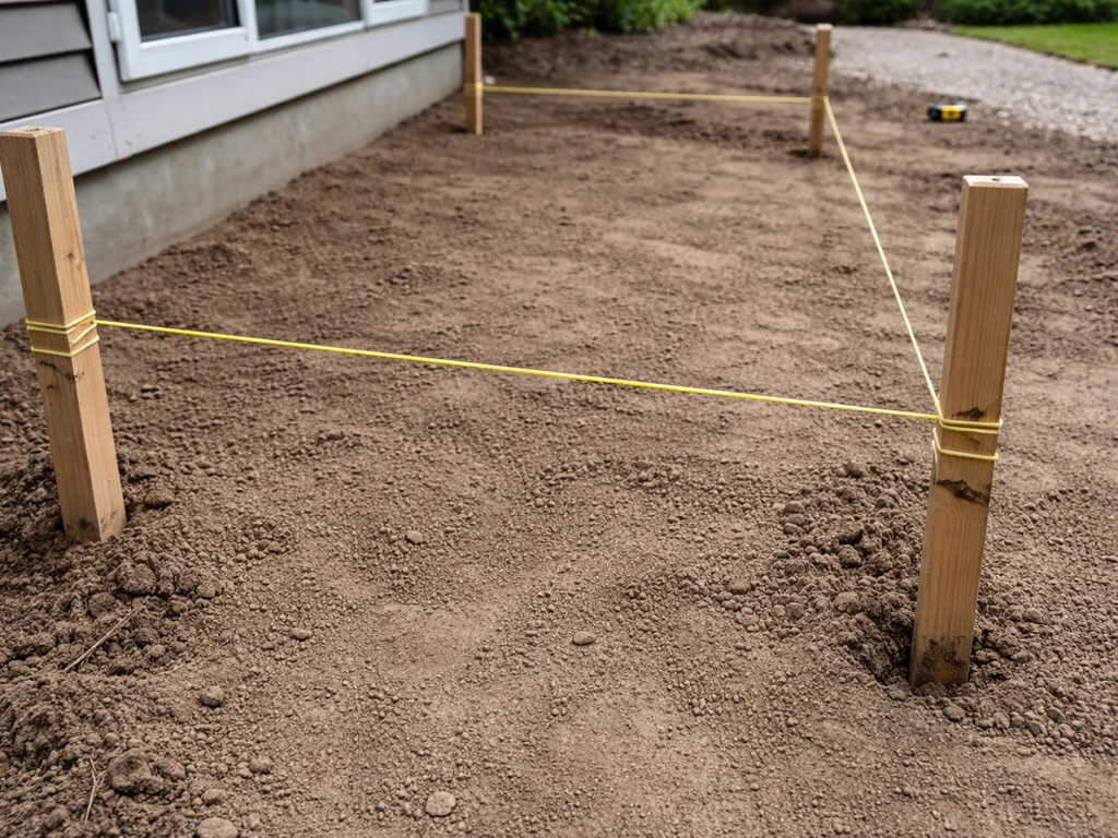 Four corner stakes and taut string show finished and reduced far-edge heights for drainage slope.