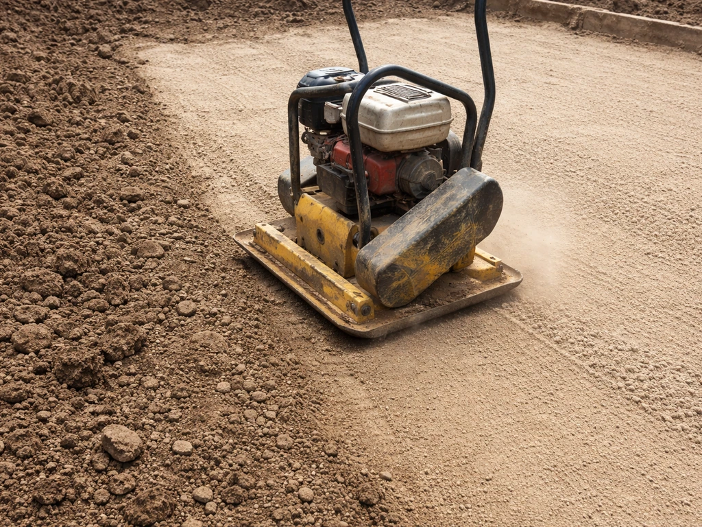 Plate compactor compressing a prepared patio subgrade, with compacted soil visible beside loosened ground.