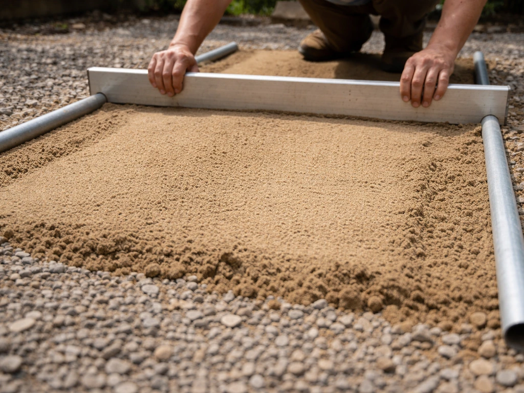 Close-up of two conduit screed rails and bedding sand leveled with a straight board for pavers