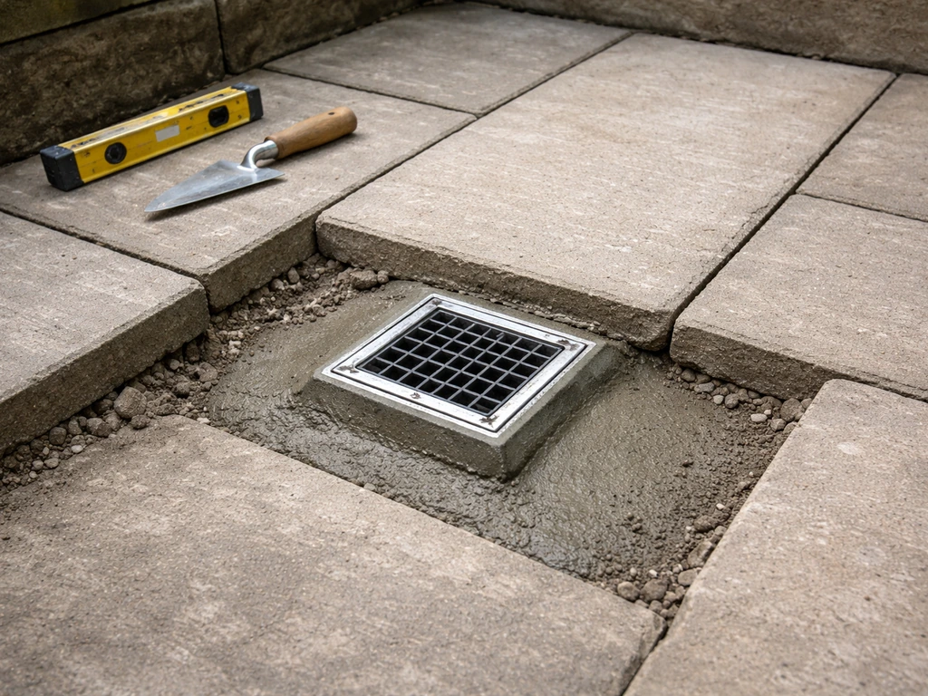 Concrete patio with a point drain set higher and nearby slabs lifted, showing the regrading height change.