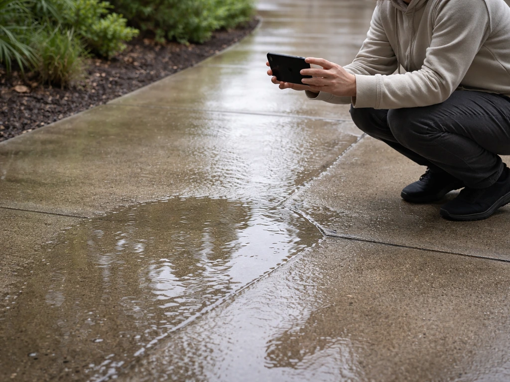 Homeowner crouches on patio with phone after heavy rain, watching where water pools around low spots.