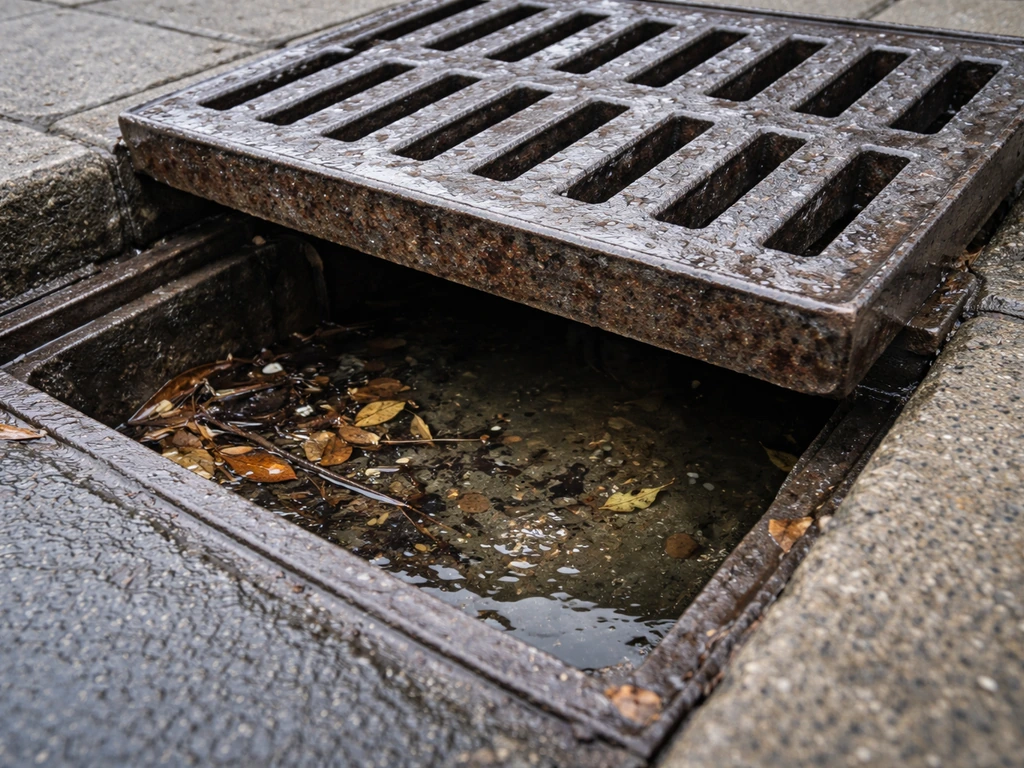 Close-up of a lifted outdoor drain grate showing debris and standing water inside the grate