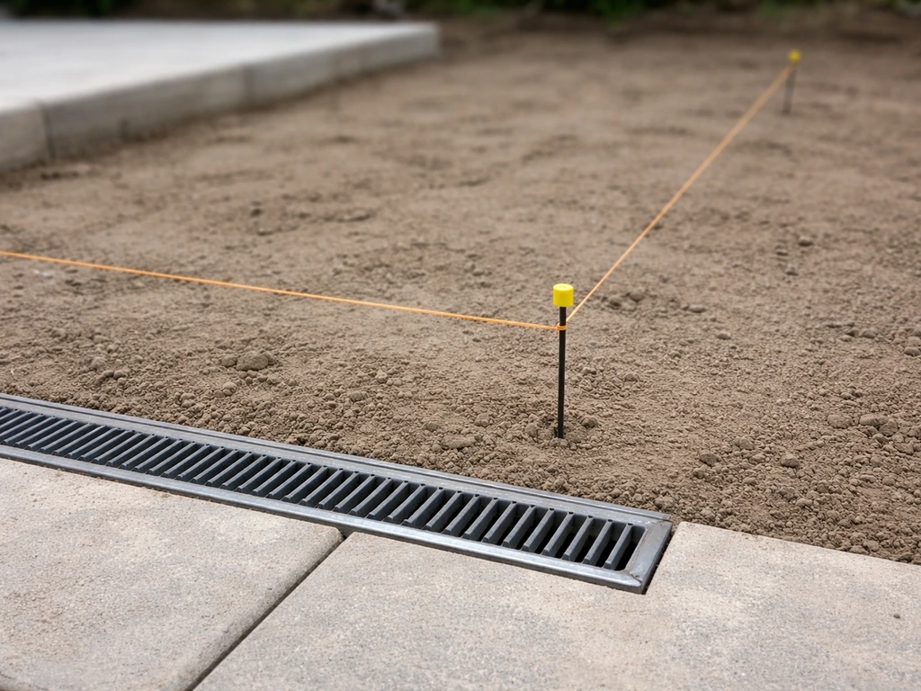 Patio leveling setup with string line pins and a drain grate slightly below finished surface level