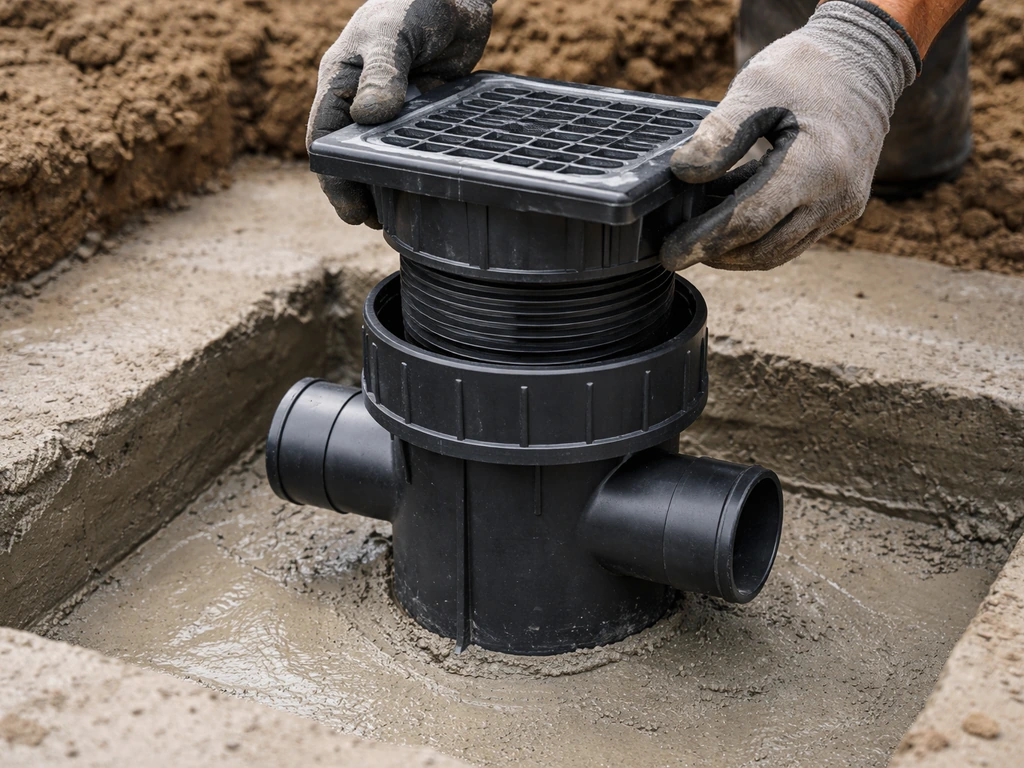 Close-up of a worker raising a plastic point gully using a riser collar above prepared concrete.