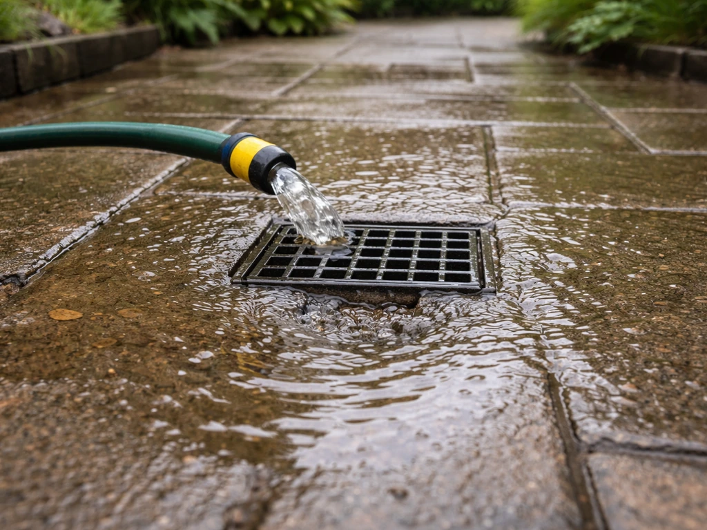 Garden hose water enters a patio drain but pools around the outlet instead of draining away.