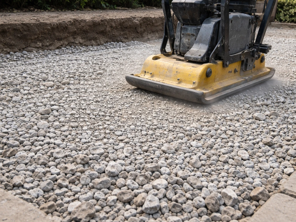 Plate compactor compressing a gravel base layer for a patio, with crushed stone visible