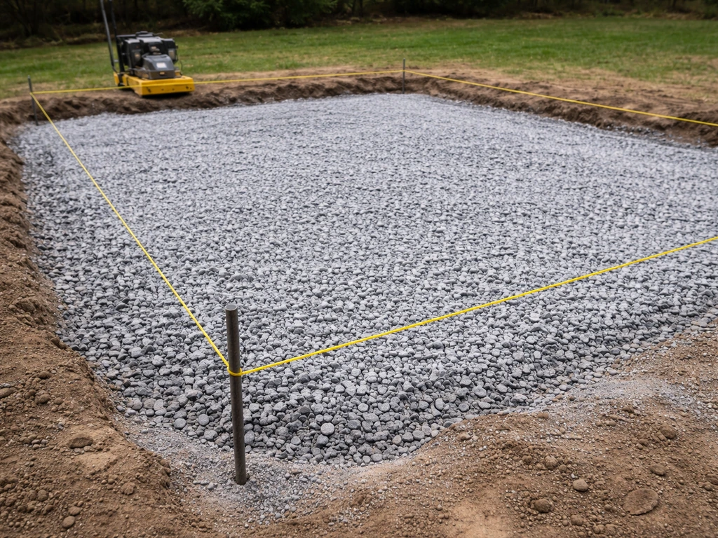 Raked crushed stone patio base with perimeter stakes and taut string lines, ready for compaction.