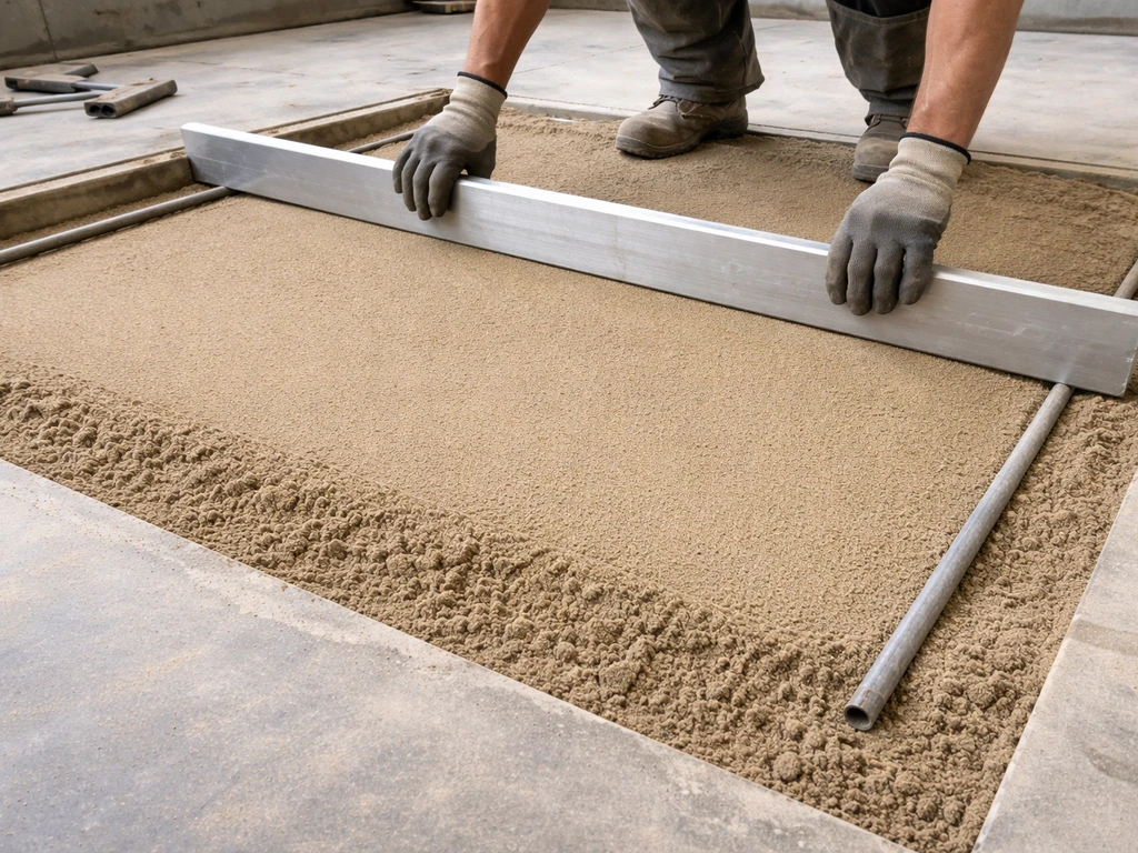 Close-up of a gloved hand pulling a straightedge across an even bedding sand layer on a floor slab.