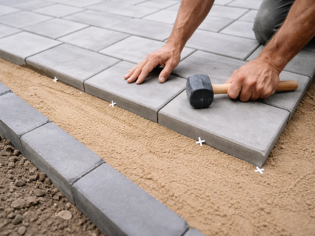 Hands use a rubber mallet and spacers to level pavers on screeded sand along a straight edge.