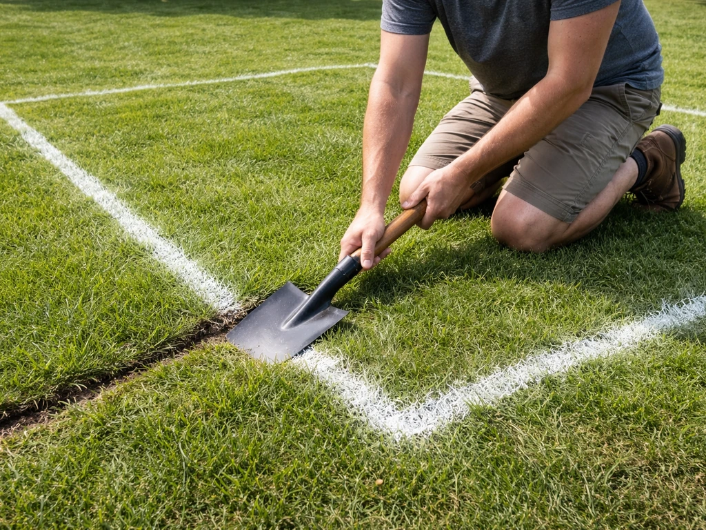 Person marking a patio boundary with spray paint, then cutting sod into neat strips with a flat spade.