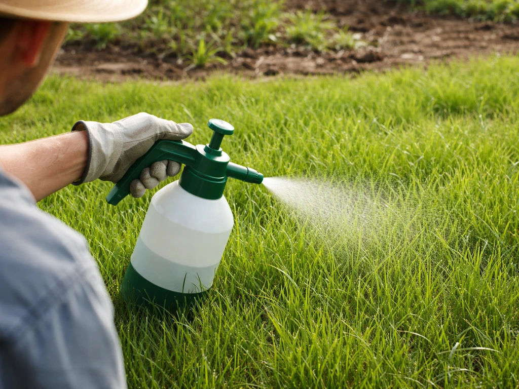 Gardener applying herbicide to actively growing grass with a pump sprayer
