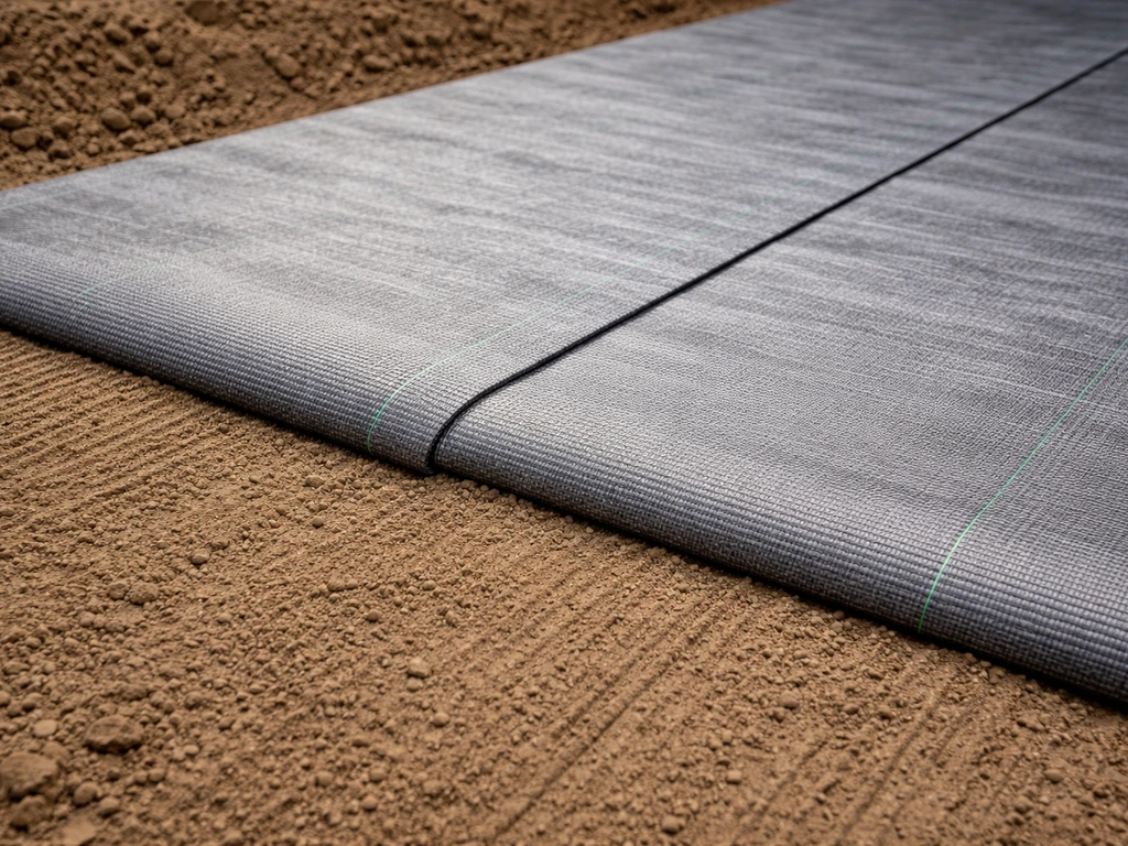 Close-up of graded soil with overlapping woven landscape fabric seam before adding gravel.