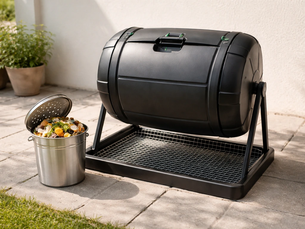 Lidded compost tumbler on a patio with a scrap pail nearby, clean setup for easy composting