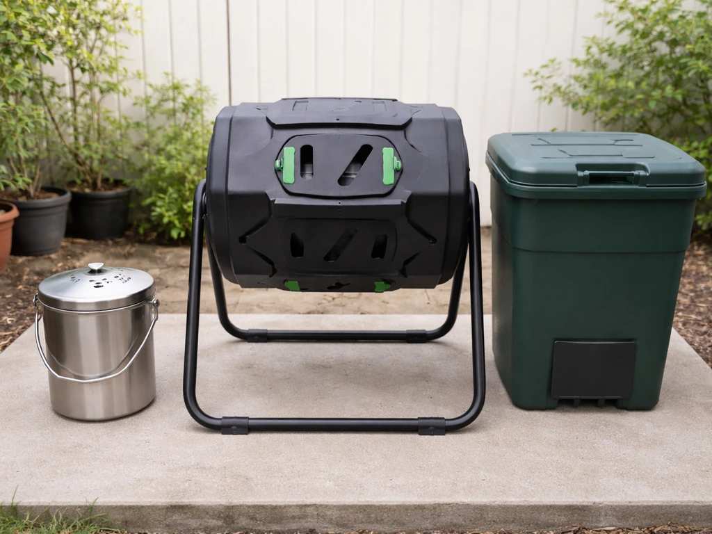 Three compost container types on a patio: countertop pail, sealed tumbler, and lidded bin.