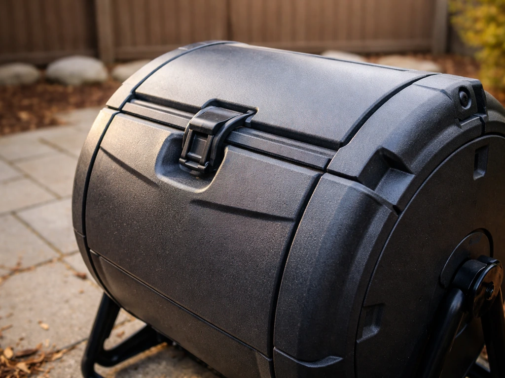 Close-up of a locked sealed compost tumbler on a clean patio surface.