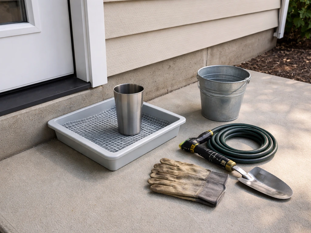 Patio setup with hardware cloth and a drip tray under a tumbler, plus essential gear laid out nearby.