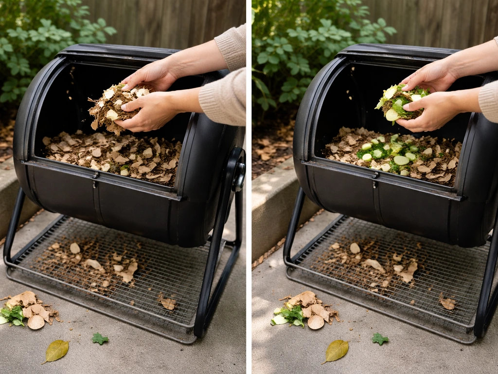 Hands adding dry leaves then fresh greens into a patio compost tumbler on a drip tray.