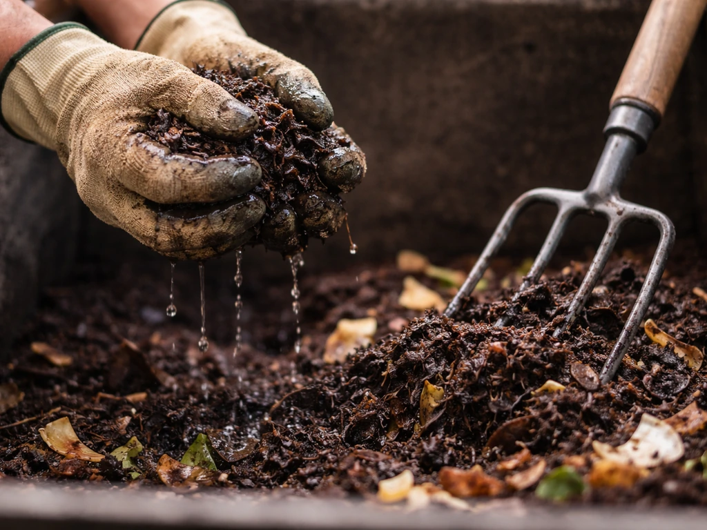 Hands squeeze dark compost like a wrung sponge, with a garden fork aerating a small bin nearby.
