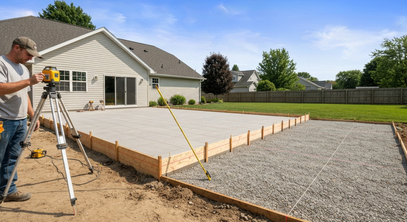 Wide view of a backyard patio under construction showing a rotary laser on a tripod, batter boards with taut mason's lines, compacted gravel base and a slight slope away from the house.