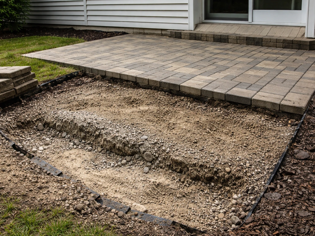Patio section being raised with lifted pavers and fresh base work beside a house edge for drainage
