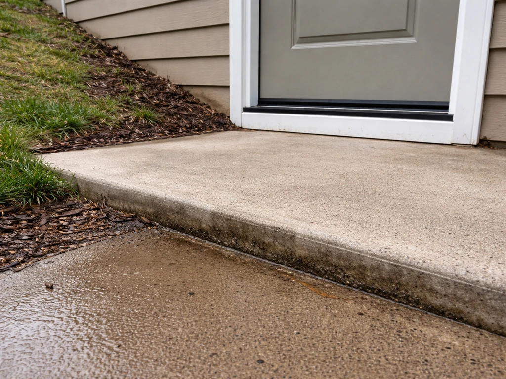 Low patio surface creating a step-down to a door, with sloped ground suggesting drainage issues.
