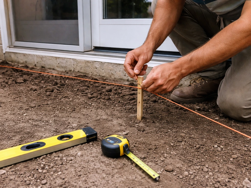 Worker using a string line level to mark finished patio height from a door threshold