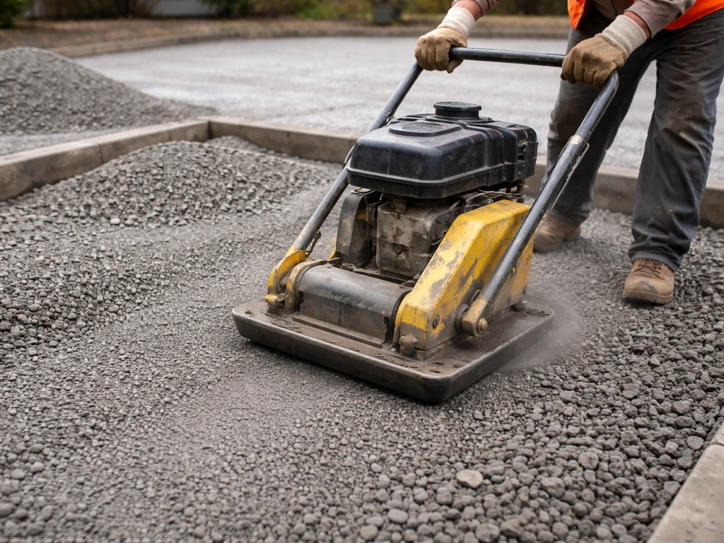 Worker compacts layered crushed gravel with a plate compactor on a prepared patio base