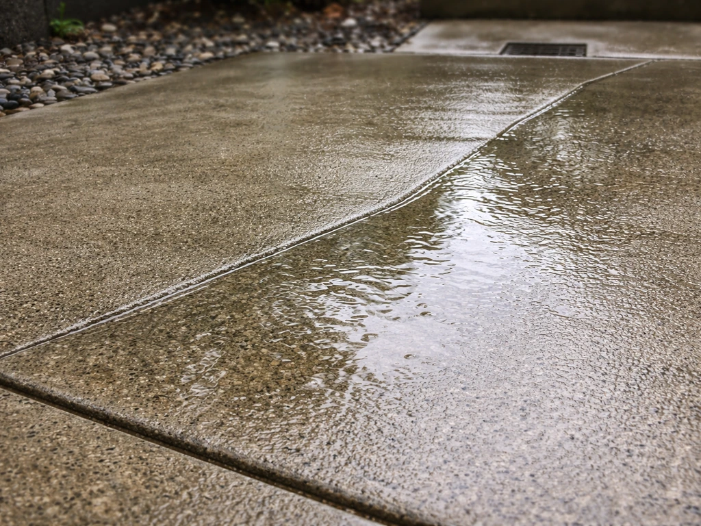 Close-up of a patio surface with water pooling in a low spot along the slope line after rain.
