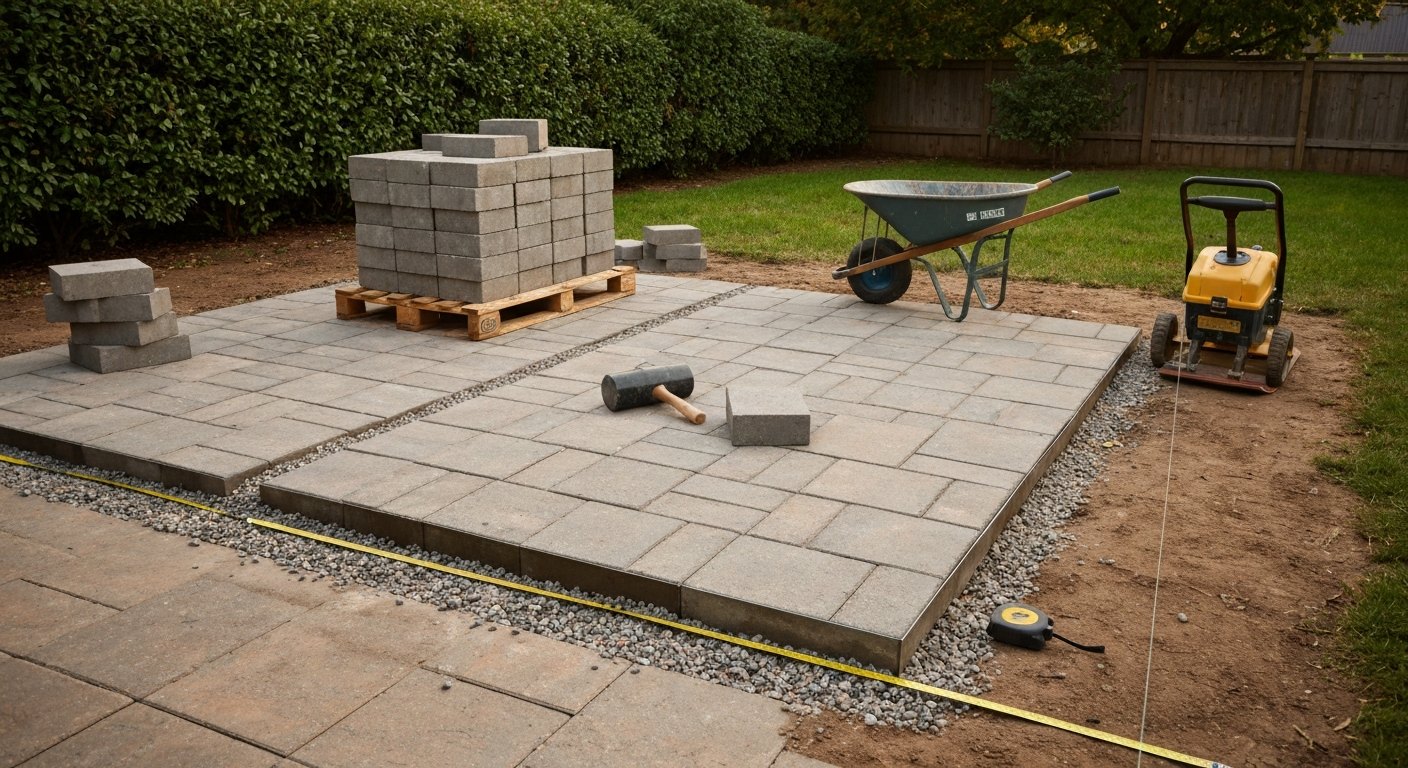 Finished small backyard patio with concrete pavers and gravel border; tools and materials (wheelbarrow, plate compactor, pallet of pavers, tape measure) are arranged at the edge; no people visible.