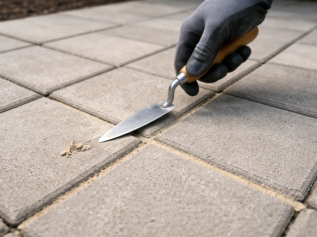 Close-up of patio pavers with freshly pointed joints, showing new mortar depth and smooth lines.