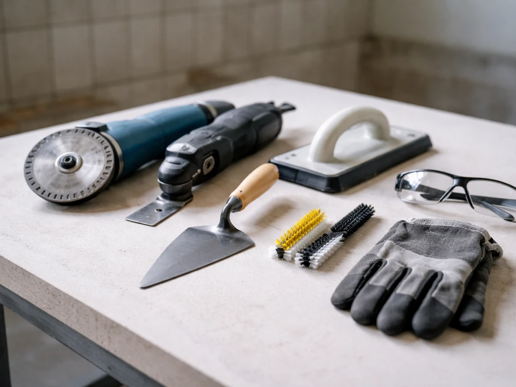Tools laid out for tiling: angle grinder with diamond disc, pointing trowel, grout float, brushes, and protective gear.