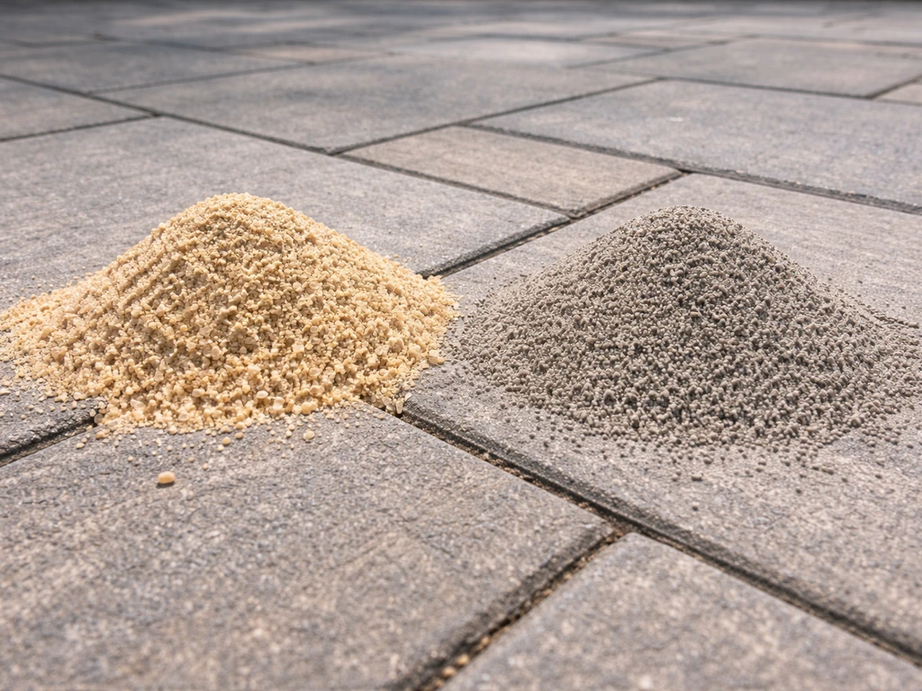 Close-up side-by-side of kiln-dried jointing sand and polymeric sand in separate small piles on patio pavers.