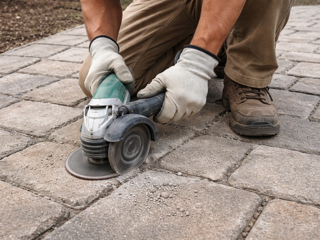 Worker kneels by stone pavers, using an angle grinder to cut and remove old mortar from a joint.