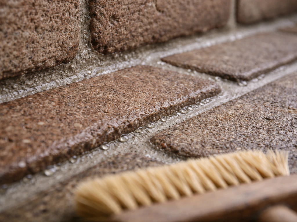 Masonry joints swept clean and lightly rinsed, with droplets clinging to damp mortar edges.