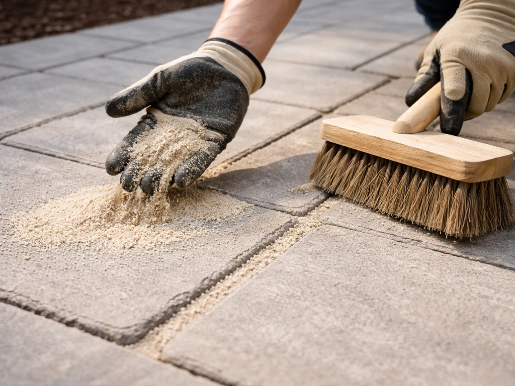 Hands pouring and spreading polymeric sand over a dry patio, then brushing it into the joints