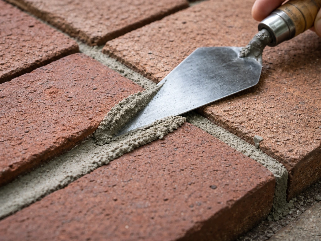 Close-up of a pointing trowel pressing mortar into brick joints, showing neat joint fill.