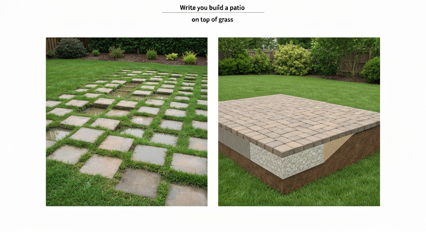 Split photorealistic image: left—failed patio on top of grass with sinking pavers and puddles; right—cutaway of a correctly built patio showing subgrade, geotextile, compacted aggregate, bedding sand, pavers, and edge restraint with slope away from house.
