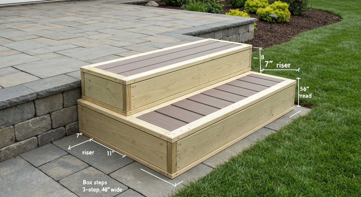 Finished 3-step box staircase (pressure-treated frame with composite treads) connecting a patio to lawn, shown from front-side angle with subtle dimension labels.