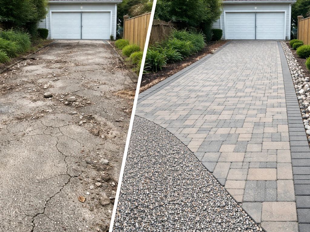 Converted driveway into a clean gravel-and-paver patio with sharp edges and simple garden border.