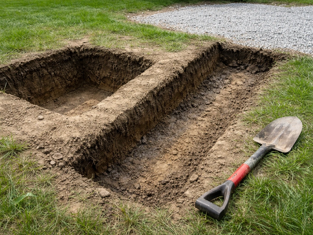 Close side view of two dug test holes showing soil layers and slope for patio drainage direction.