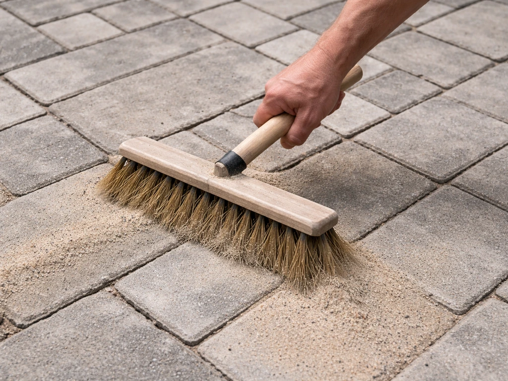 Close-up of sand and polymeric sand being brushed into concrete paver joints with a broom.