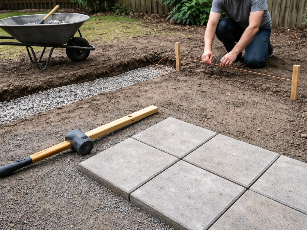 Hands set stakes and string to mark a patio, with leveled base and a few pavers in progress.