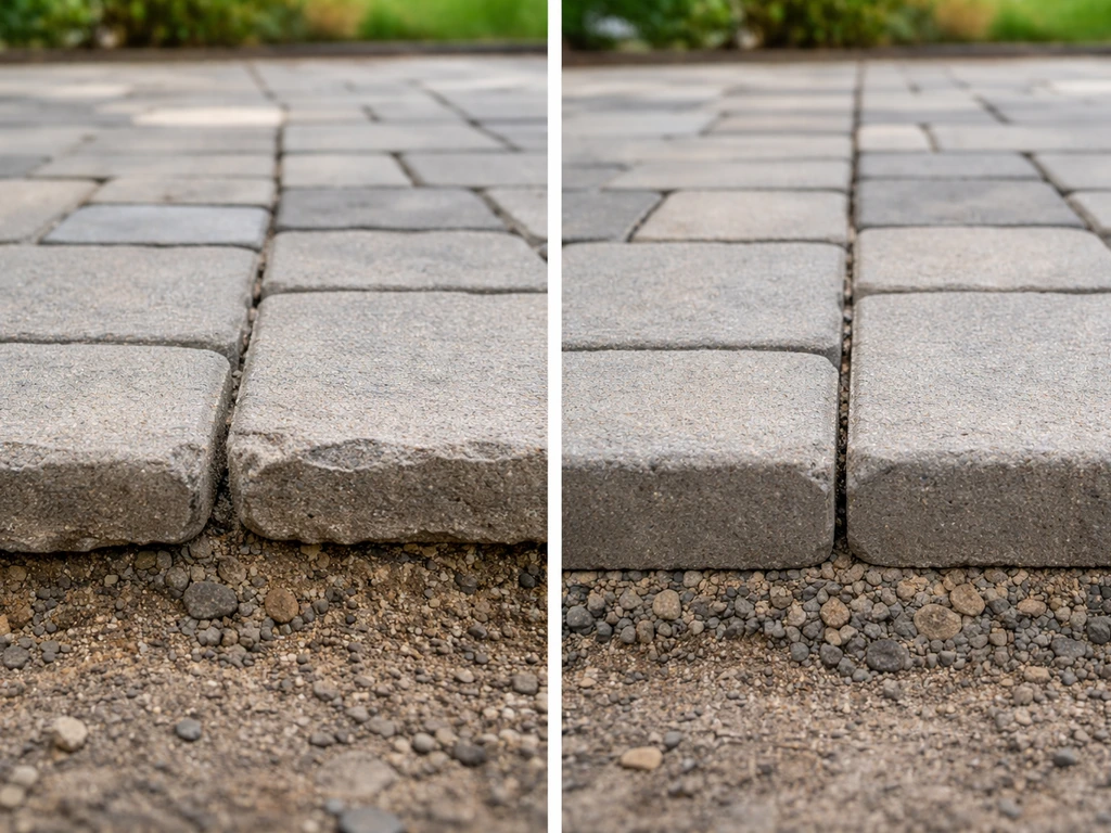 Side-by-side patio pavers: uneven sinking on one side, properly seated flat pavers on the other.