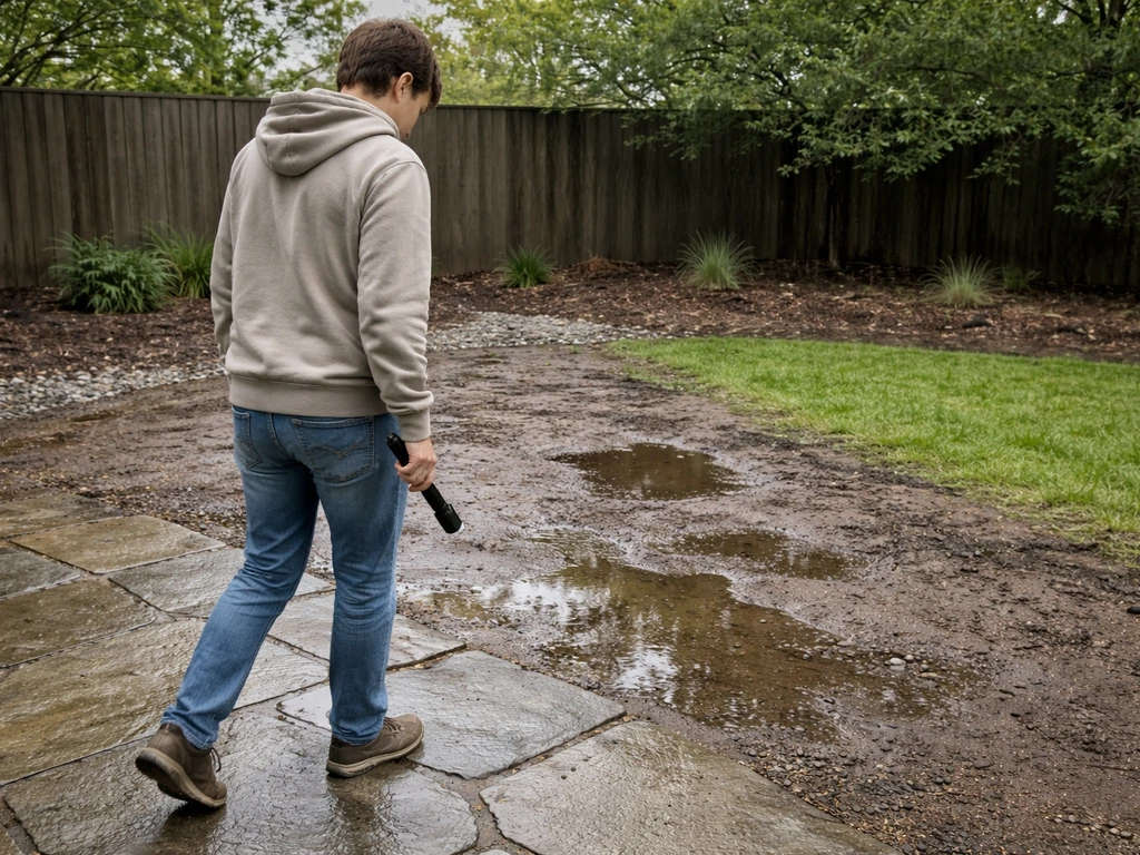 Homeowner inspecting a backyard patio site after rain, looking at puddles and ground drainage.