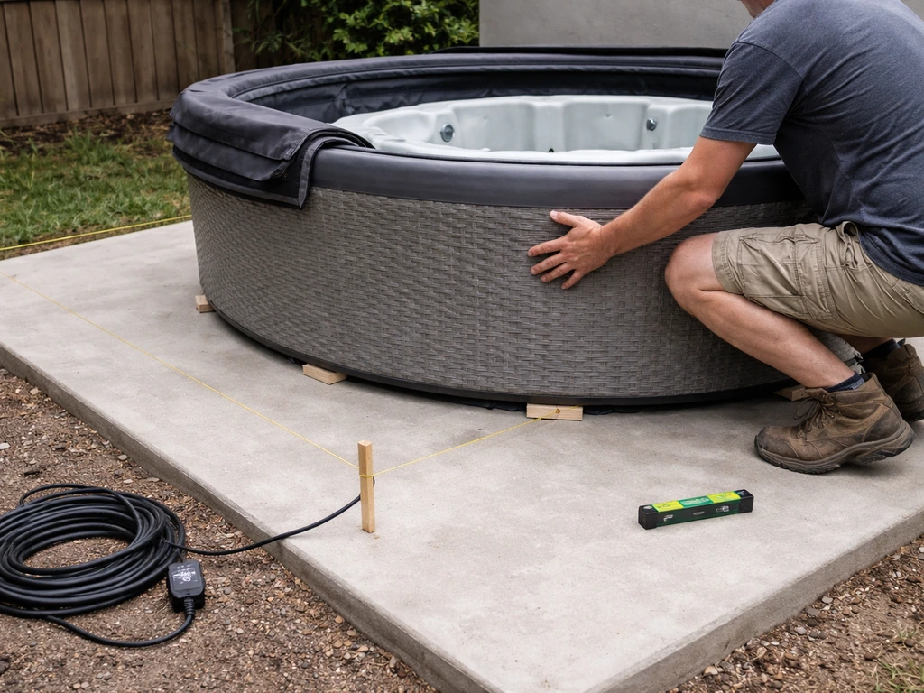Anonymous DIY installer aligning a hot tub on a patio leveling pad with stakes and shims visible.