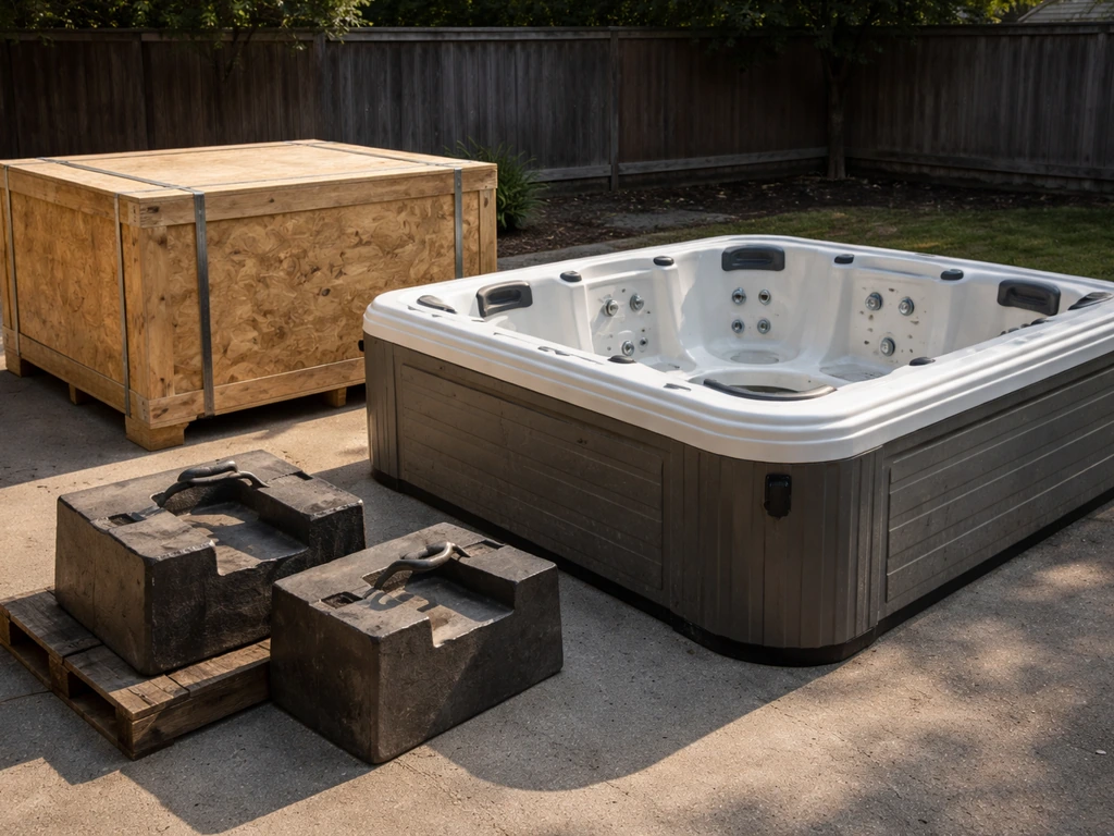 Empty hot tub on concrete beside a heavy sealed crate and iron weight blocks to show real-world weight.
