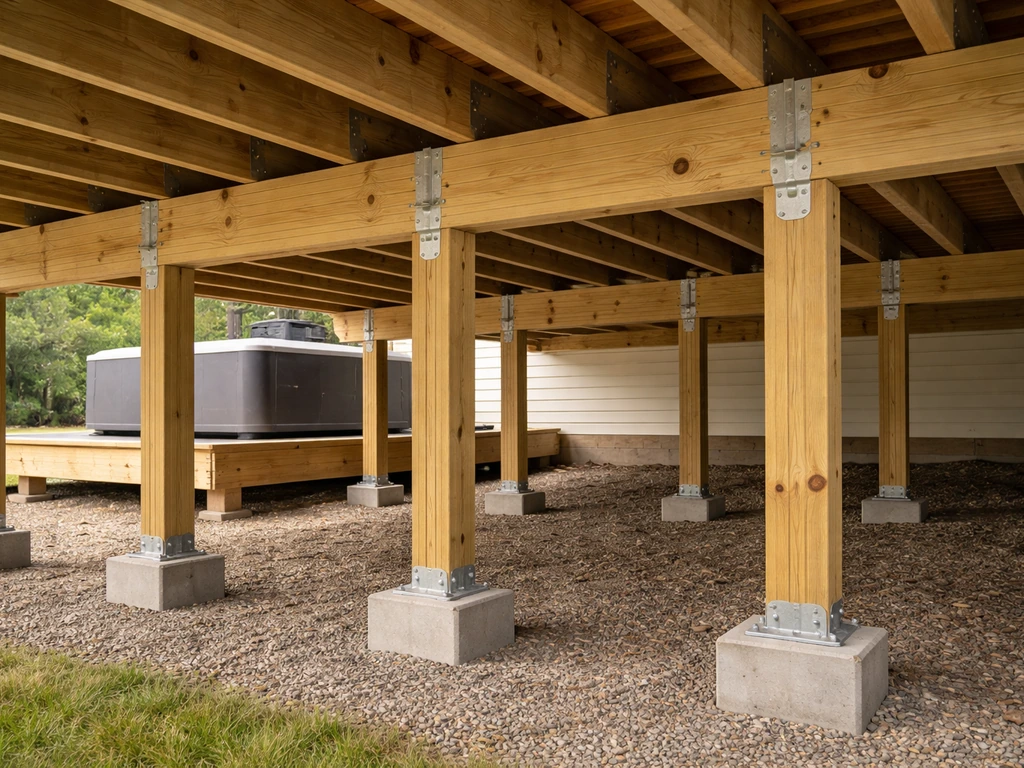 Minimal view of reinforced deck framing with added posts and footings, hot tub visible in the background.