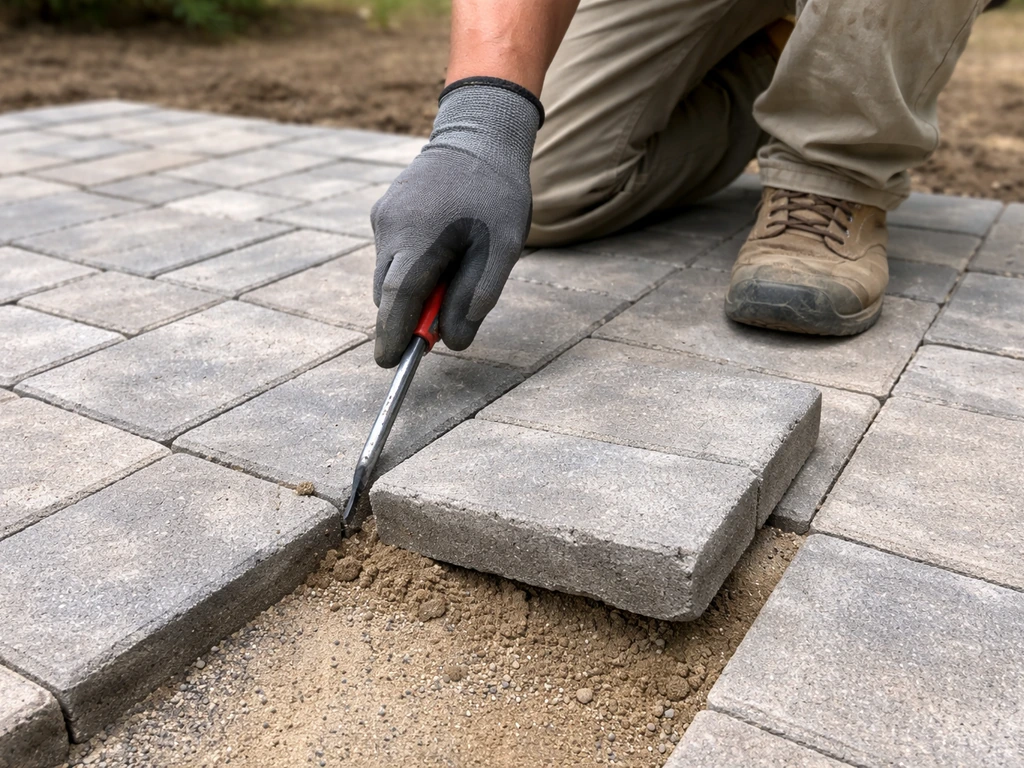 Gloved worker kneels by paver edges, probing joints and revealing a slightly lifted, unstable sand bed.